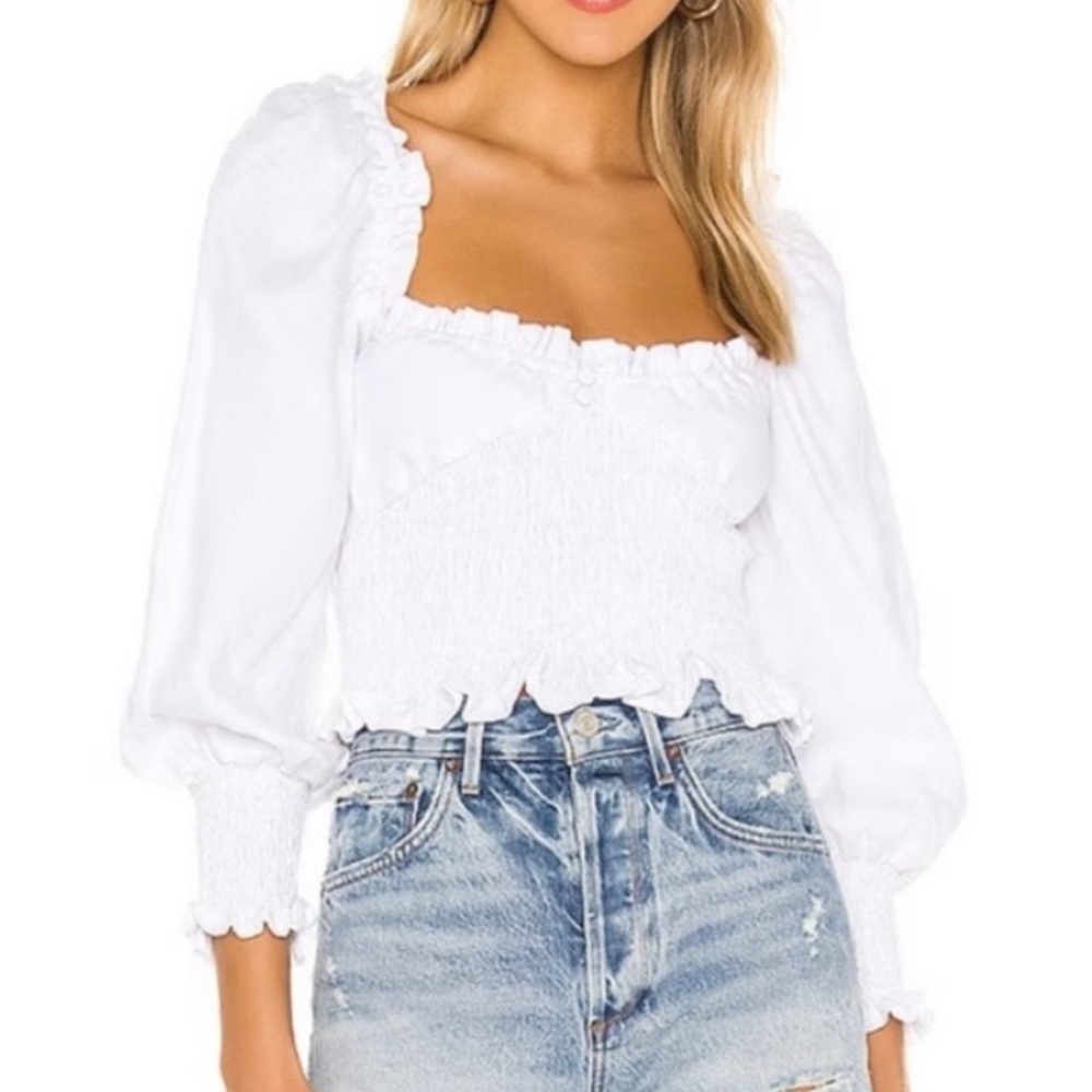Faithfull the Brand White Smocked Puff Sleeve Blouse